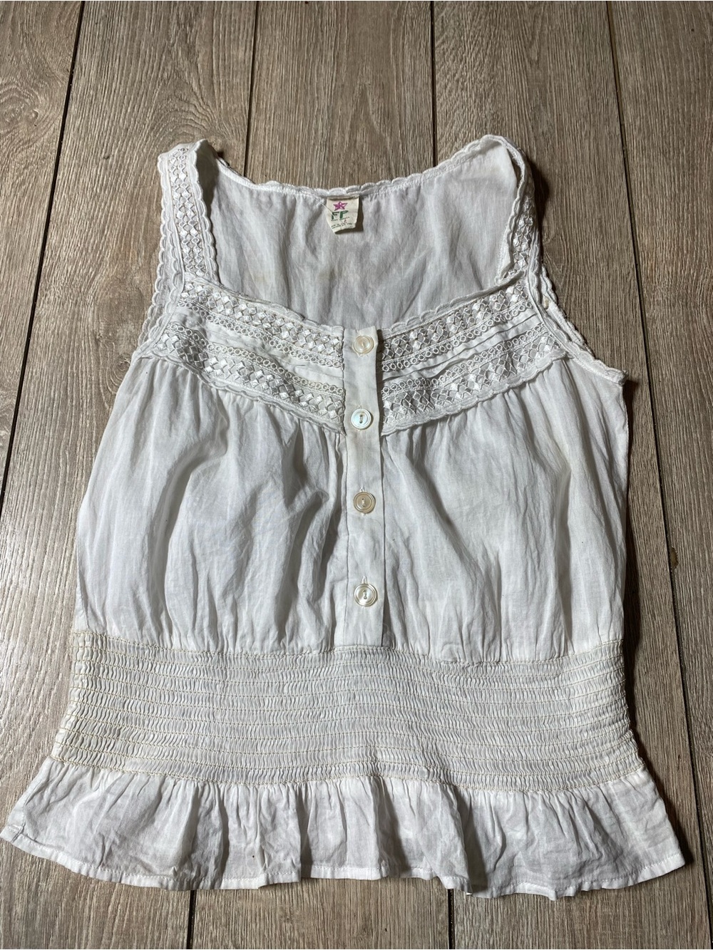 Free People white cotton corset tank top eyelet lace smocked elastic Sz 6